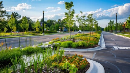 A city boulevard redesigned with green medians and stormwater management systems.