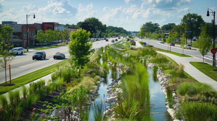 A city boulevard redesigned with green medians and stormwater management systems.