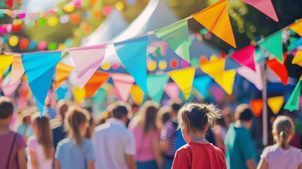 A vibrant street festival with colorful flags and a bustling crowd enjoying the atmosphere.
