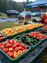 Obraz premium A variety of colorful fruits and vegetables are displayed in green baskets at a farmers market