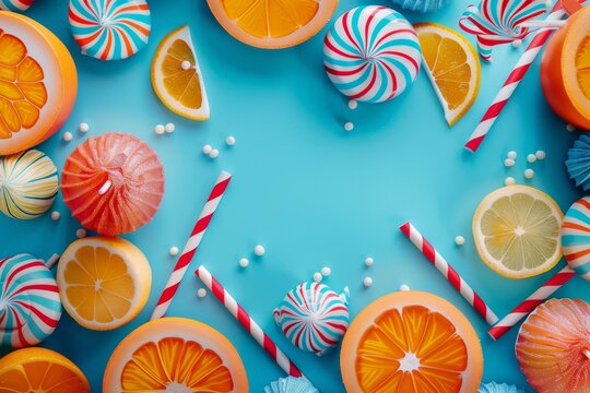 A vibrant summery flat lay with citrus fruits, colorful candies and straws arranged around a blue background.