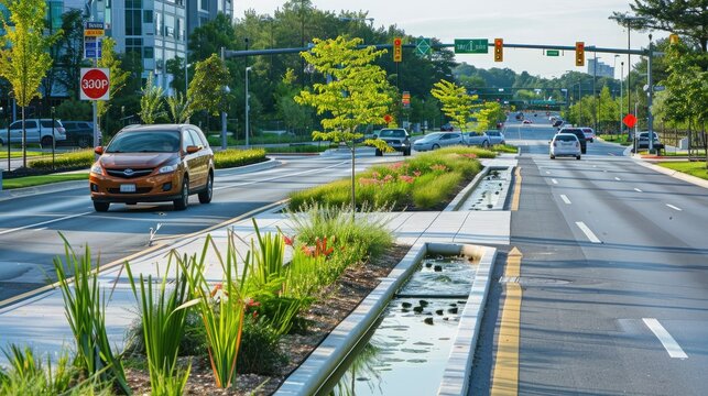 A city boulevard redesigned with green medians and stormwater management systems.