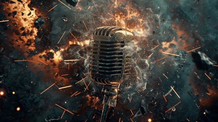 A vintage microphone engulfed in flames and debris, symbolizing the power and intensity of music.