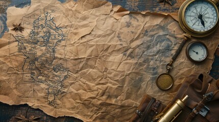 A vintage map, compass, and other navigational tools lay scattered on a worn wooden table.  The image evokes a sense of adventure and exploration.