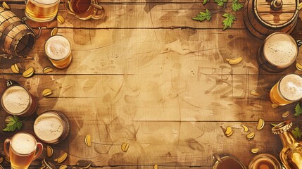 Naklejka premium A vintage wooden table with a treasure map surrounded by beer mugs and barrels. Perfect for a medieval or fantasy theme.