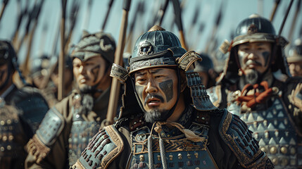 Obraz premium Group of Asian warriors in traditional attire, with intense expressions and detailed armor. Historical context