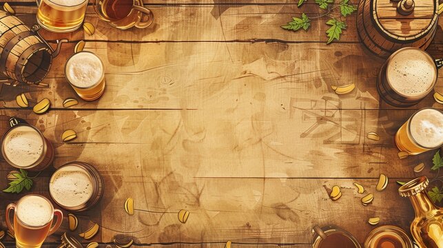 A vintage wooden table with a treasure map surrounded by beer mugs and barrels. Perfect for a medieval or fantasy theme.