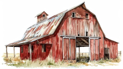 Obraz premium A weathered red barn with a tin roof and open double doors stands against a white background.