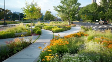 A city intersection redesigned as a green space with permeable surfaces and native plants.