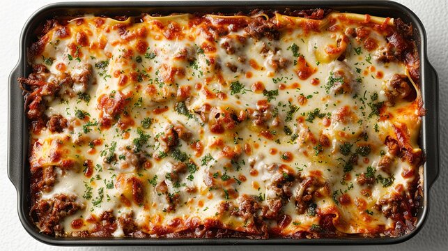Classic Italian ground beef lasagna topped with melted cheese, isolated on a white background, top view