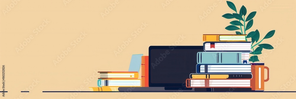 Poster a laptop computer sits next to a stack of books, symbolizing modern methods of learning and the inte