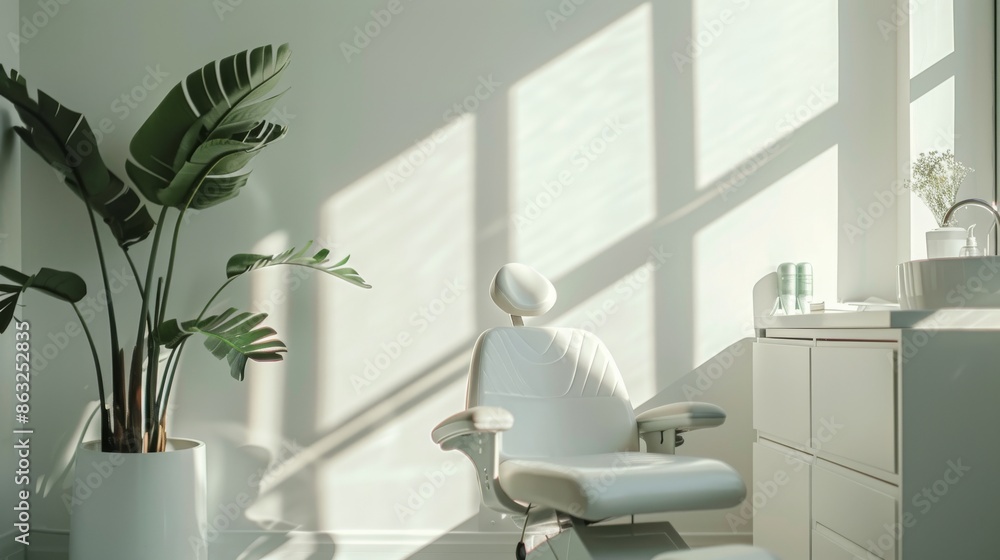 Poster a white chair sits in a minimalist room with a large window and plants. the sun shines through the w