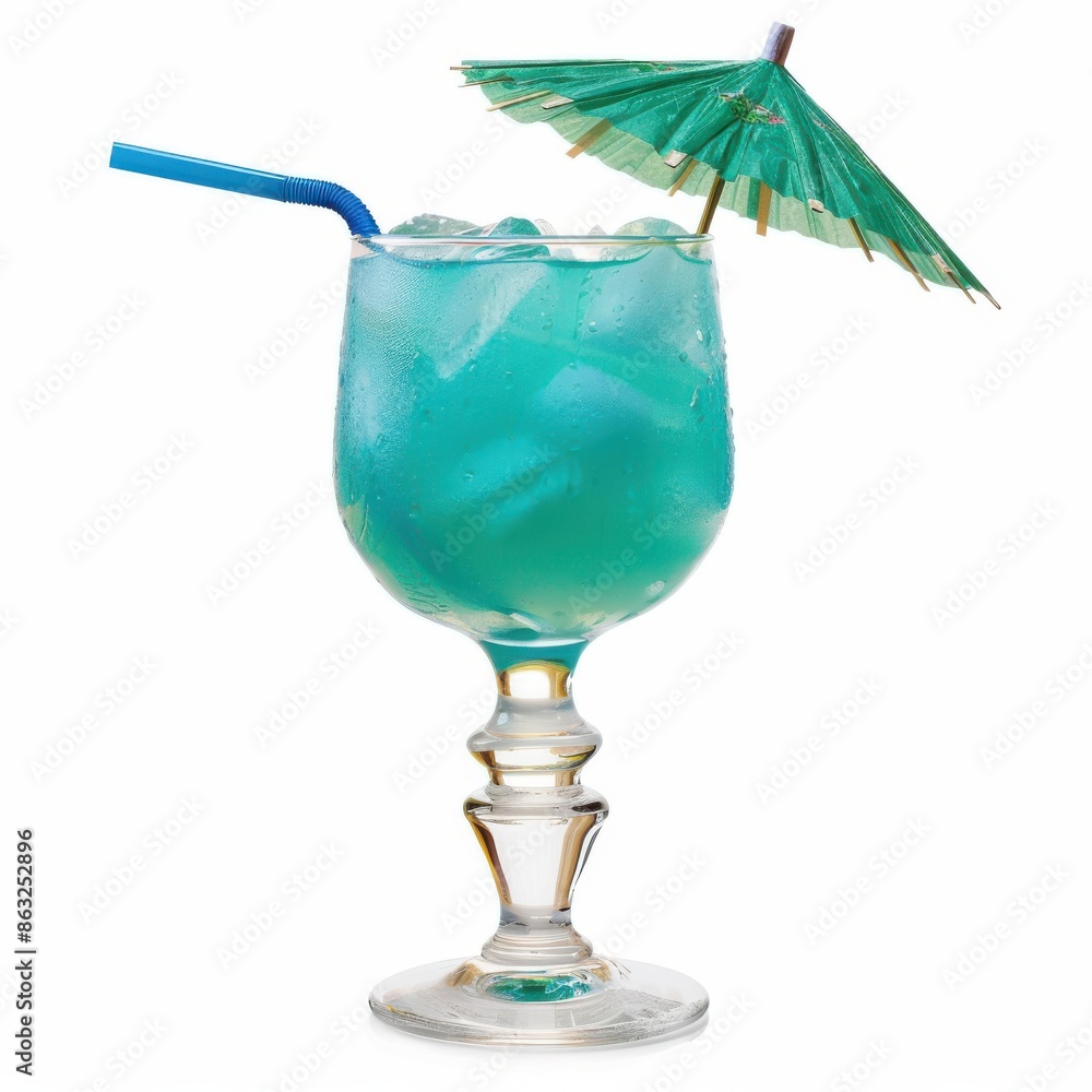 Wall mural tropical blue cocktail served in an elegant glass with ice, adorned with a blue straw and a small gr