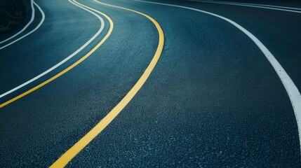 A winding asphalt road with white and yellow lane markings stretches into the distance.  The road is illuminated by a bright light in the distance.
