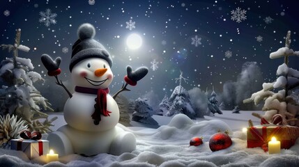 A cheerful snowman wearing a hat and scarf stands in a snowy landscape at night, surrounded by presents and ornaments under a starry sky with falling snowflakes.