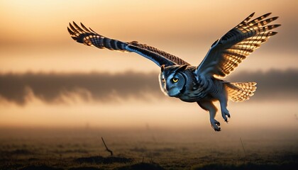 Naklejka premium side view of owl flying with wings open at sunset, looking at camera, copy space for text, ad shot 