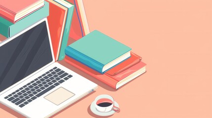 A laptop, textbooks, and a cup of coffee on a desk, representing modern learning methods. Generative AI