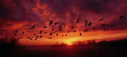 Photo of flock of geese shot direction the right side pose flying in formation time of day early morning 