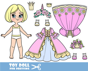 Cartoon blond girl with short bob and clothes separately - princess crowns and dresses