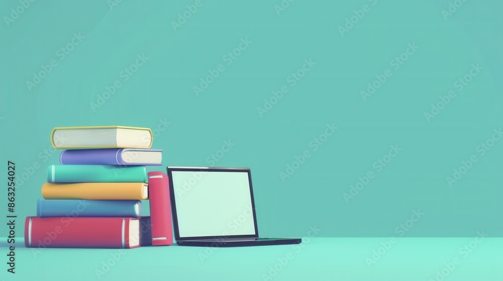 Aufkleber a stack of textbooks sits next to a closed laptop on a turquoise desk, showcasing modern education a