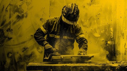 A worker in a safety suit and helmet uses a power tool in a dusty environment.  The image is yellow toned.