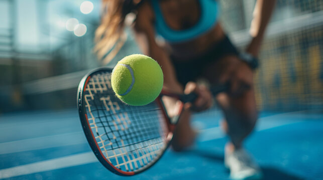 Close-up of female paddle tennis player practicing on outdoor court, focusing on the ball and racket in action