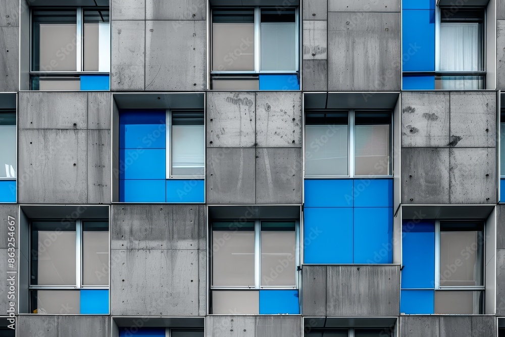 Aufkleber abstract architectural pattern of a concrete building with blue window frames.