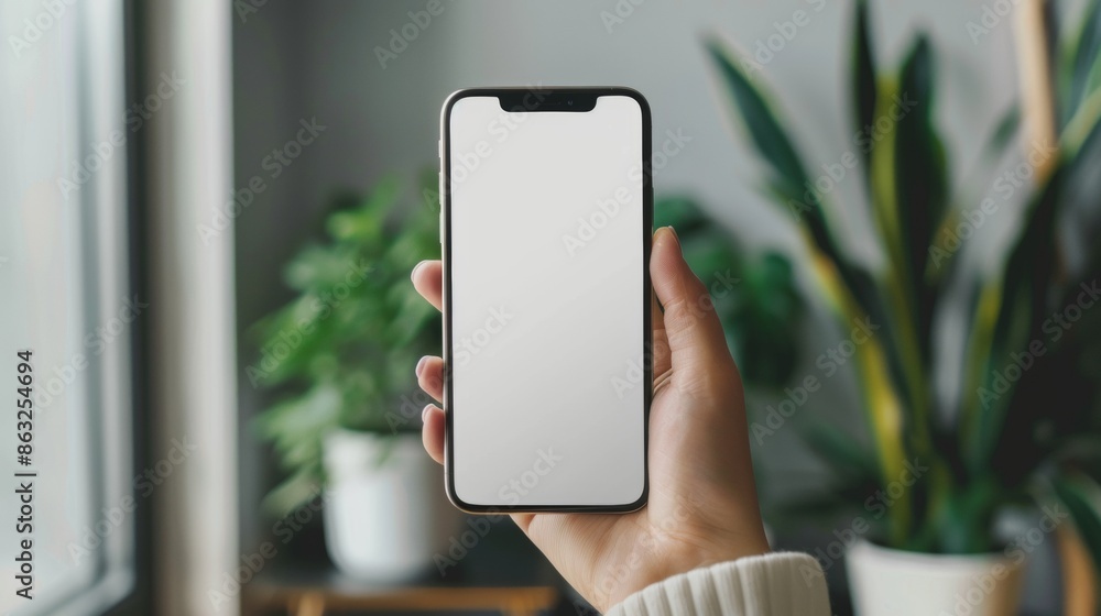 Aufkleber hand holding smartphone with blank screen in front of window. generative ai