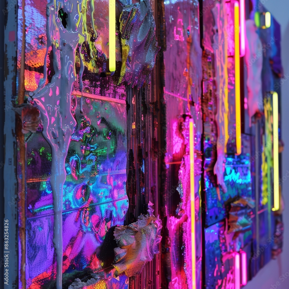 Poster abstract art with vibrant neon lights and layered textures. bold colors and geometric shapes create 