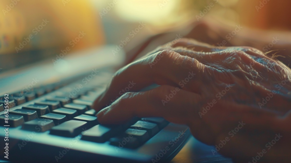Poster close-up of hands typing on a minimalist keyboard. generative ai