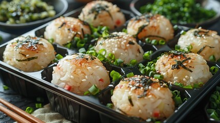   Close-up image of a serving platter filled with steamed broccoli, sliced vegetables, and condiments arranged on a wooden dining table
