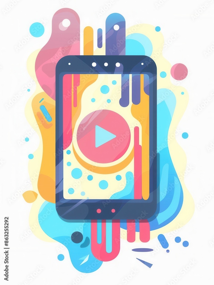 Poster a colorful illustration of a smartphone displaying a video streaming screen with a play button, perf