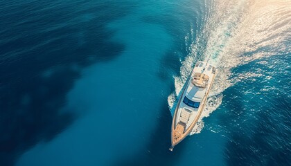 A magnificent view of a luxurious yacht gliding through the clear, turquoise blue waters, creating a trail behind it as the sunlight reflects off the surface, suggesting opulence and freedom.