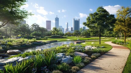 Fototapeta premium A city park with adaptive landscaping designed to manage stormwater and enhance urban biodiversity.
