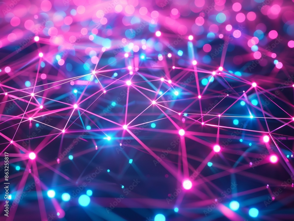 Poster abstract background with glowing pink and blue lines and dots, representing connections and networks