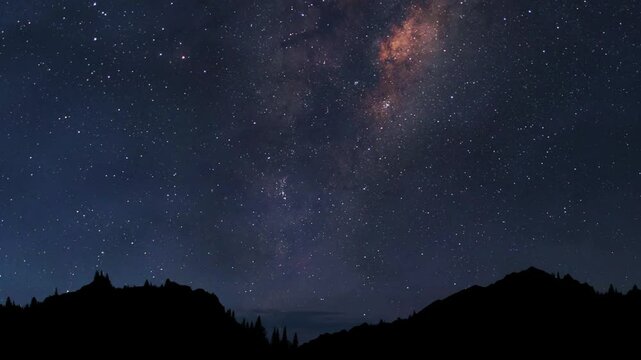 The Milky Way Galaxy moving over the mountain ridge. Night time lapse