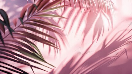 Obraz premium Blurred shadow from palm leaves on the light pink wall. Minimal abstract background for product presentation. Spring and summer.
