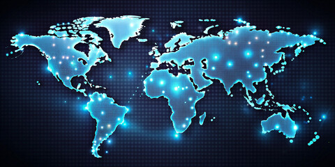 High-Tech Global Map with Digital Connections, Futuristic World Map with Illuminated Nodes, Blue Tech Grid, Abstract Data Network Visualization
