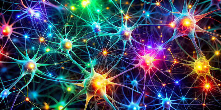 Colorful representation of neural networks with glowing neurons and interconnected synapses