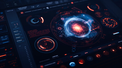 Futuristic Digital Interface, Abstract Background. Technology, Business, Finance, Science. High Tech Holographic Virtual Display, Intuitive User Experience, Data Analysis, Innovation, Work, Success