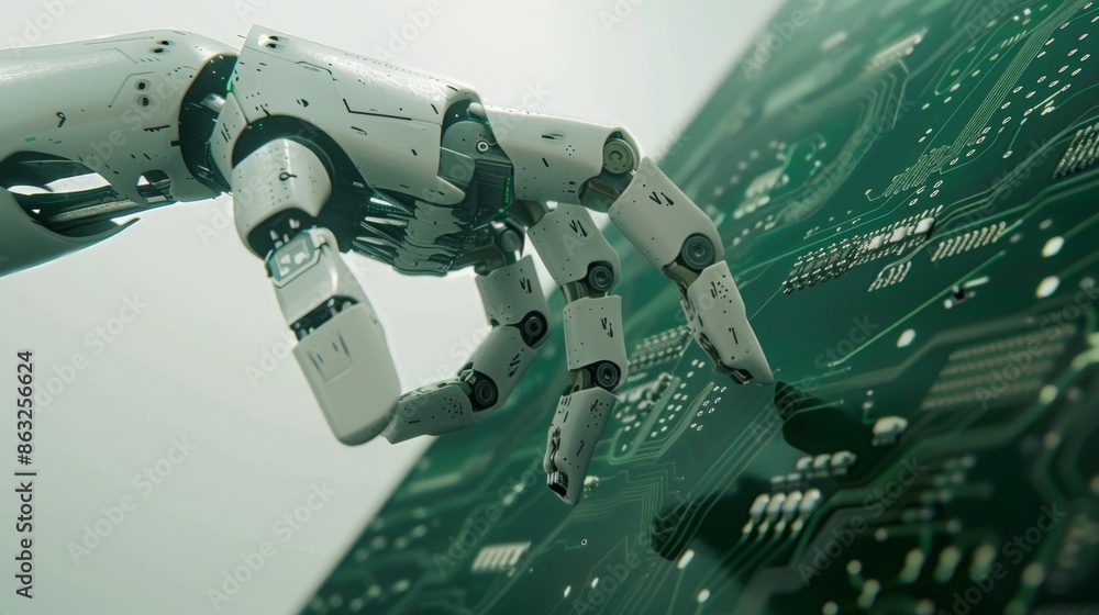 Poster a minimalist robot arm reaches for a circuit board. generative ai