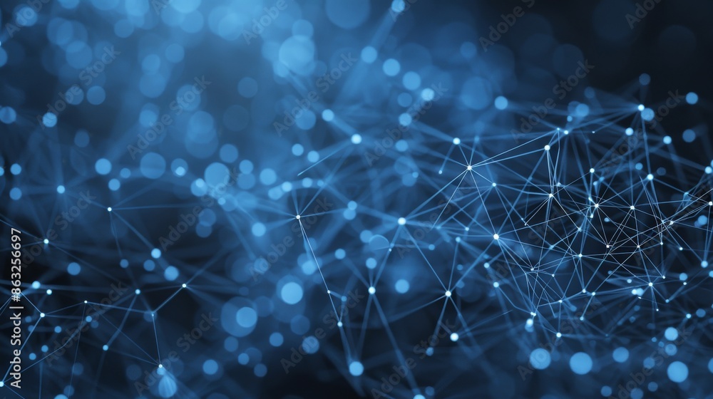 Poster abstract blue and black background with connected dots and lines, representing data flow and connect