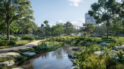 Fototapeta premium A city park with adaptive landscaping to manage stormwater and promote urban biodiversity.
