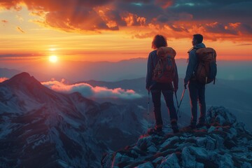 Fototapeta premium Mountain Summit Sunset Hiking Couple