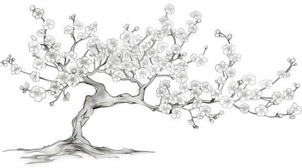  A monochromatic illustration featuring a tree with numerous limbs and white blooms adorning its crown