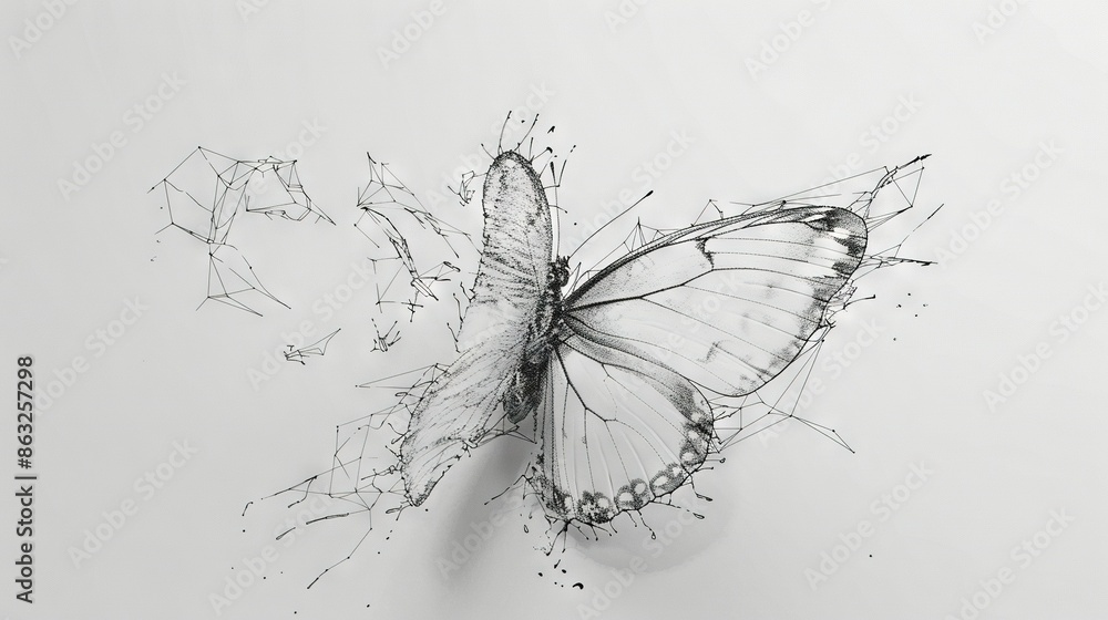Poster a monochrome image depicts a butterfly with distinct wing patterns spread out over its entire body