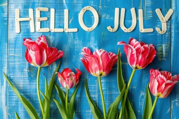 "HELLO JULY", tulips on blue background with word hello july written in white color Generative AI