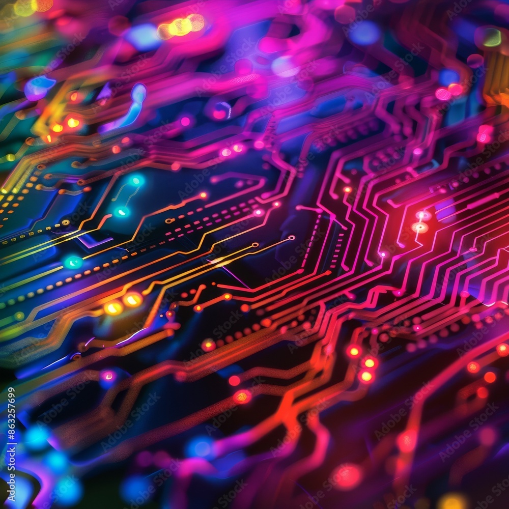 Poster abstract close-up of a circuit board with glowing colorful lights.