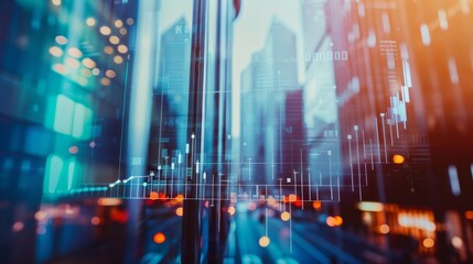 Obraz premium Abstract city skyline with glowing lights and financial chart overlay. Financial growth and urban development concept.
