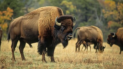 Fototapeta premium Photo of a herd of bison shot direction from the left side pose grazing time of day early morning 